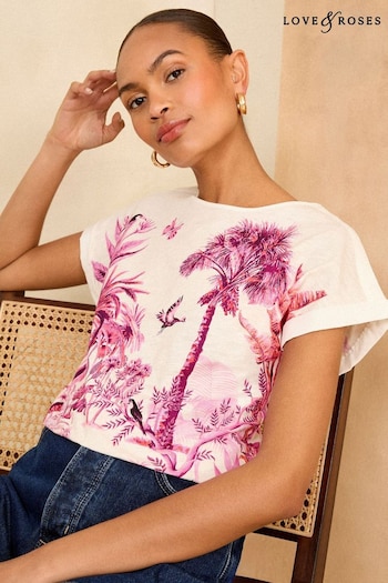Clear All Filters Pink Scenic Tropical Print Crew Neck Woven Trim Linen Look Jersey T-Shirt (K30847) | £26