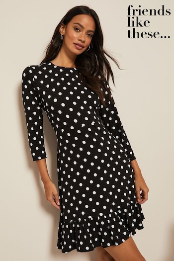 Friends Like These Black/White Polka Dot Petite Fit And Flare Round Neck 3/4 Sleeve Dress (K30878) | £30