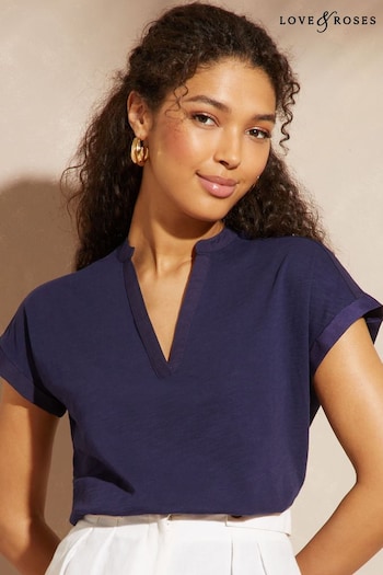 Suits & Waistcoats Navy Blue Jersey V Neck Woven Trim Shorts Sleeve T-Shirt (K30890) | £22