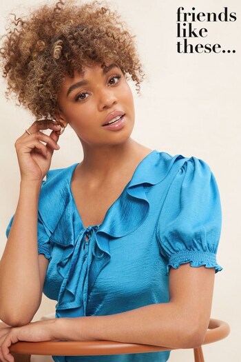 Friends Like These Blue Ruffle Front Puff Sleeve Blouse (K31040) | £30