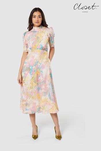 Closet Pink & Yellow Multi Tie Back A-Line Dress (K31125) | £95