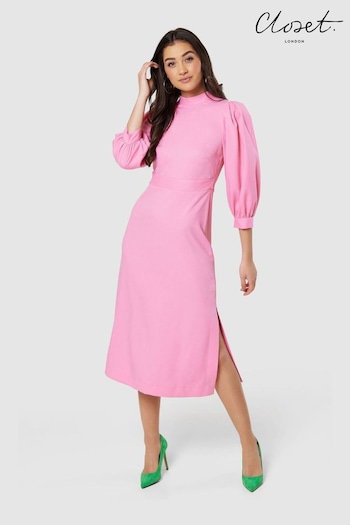 Closet Pink Midi Puff Sleeve Dress (K31128) | £80