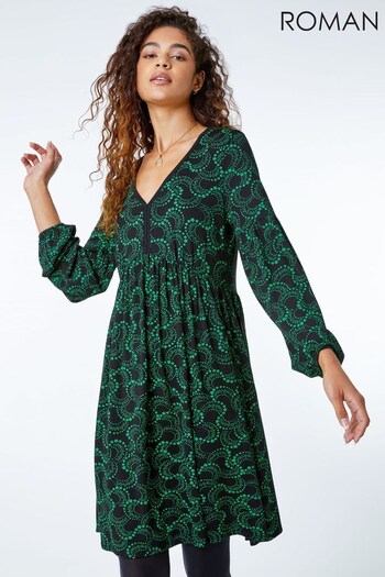 Roman Green Abstract Ladder Lace Sleeve Dress (K31255) | £40