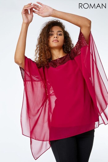 Roman Red Sequin Embellished Chiffon Overlay Top (K31264) | £35