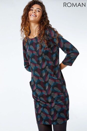 Roman Black Purple & Blue Leaf Print Pocket Shift Dress (K31273) | £40