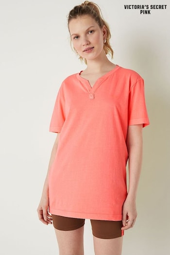 Victoria's Secret PINK Coral Flash Orange Cotton ShortSleeve Henley Campus TShirt (K31721) | £26