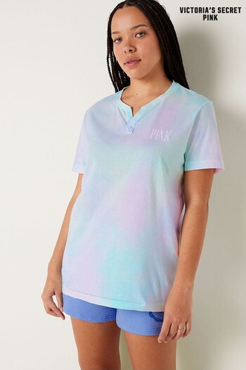Victoria's Secret PINK Blue Skyway Tie Dye Cotton ShortSleeve Henley Campus TShirt (K31722) | £30