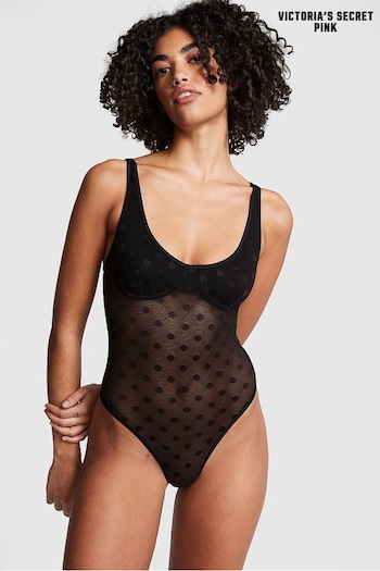 Victoria's Secret PINK Pure Black Dot Mesh Bodysuit (K31835) | £29