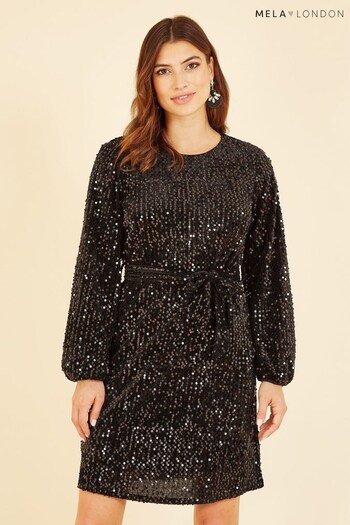 Mela Black Sequin Belted Dress (K31854) | £55
