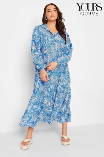 Yours Curve Blue Leaf Print Farm Shirt Dress (K32719) | £37
