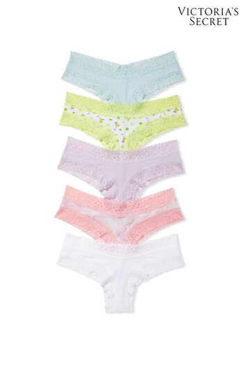 Victoria's Secret Blue/ White/ Purple/ Pink/ Yellow Lace Trim Cheeky Cotton Knickers 5 Pack (K32862) | £25