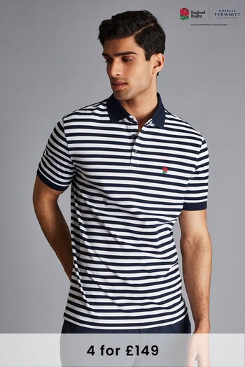 Charles Tyrwhitt Navy/Blue Stripe RFU Short Sleeve Pique Polo Shirt (K33220) | £65