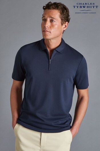 Charles Tyrwhitt Blue Zip Neck Jersey Pure Polo Shirt (K33230) | £60