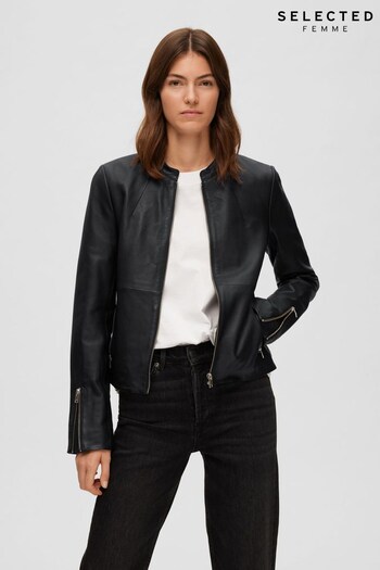 Selected Femme Black Real Leather Collarless Jacket (K33434) | £220