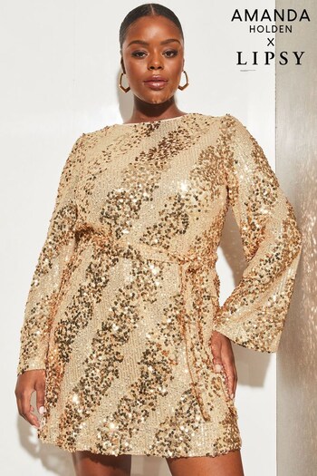 Lipsy Gold Curve Long Sleeve Round Neck Sequin Belted Shift Dress (K33590) | £79
