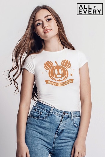 All + Every White Disney Mickey Mouse Pumpkin Happy Halloween Women's T-Shirt (K33647) | £22
