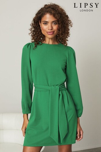 Lipsy Green Long Sleeve Round Neck Tie Waist Shift Dress (K33690) | £34