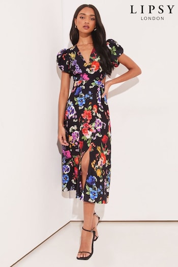 Lipsy Black Floral Ruched Short Sleeve Cut Out Midi Dress (K33760) | £62