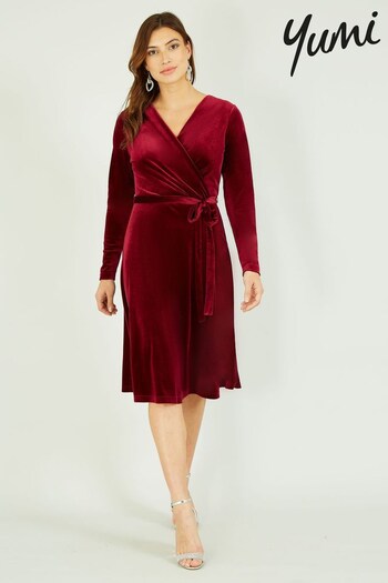 Yumi Burgundy Red Velvet Wrap Around Dress (K33877) | £60