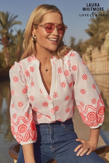 Love & Roses White and Pink Ruffle V Neck Contrast Broderie Button Up 3/4 Sleeve Blouse (K34147) | £19