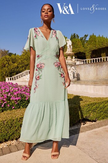 V&A | Love & Roses Sage Green Embroidered Embroidered V Neck Dobby Flutter Sleeve Midi Dress (K34170) | £68