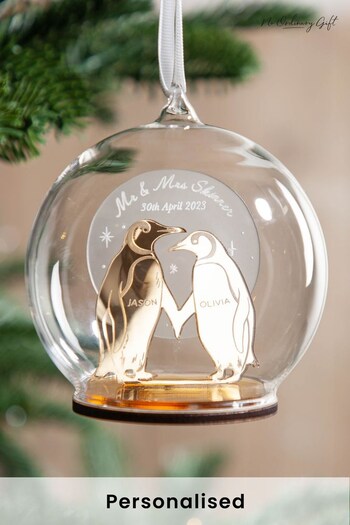Personalised Metallic Mirror Couples Penguin Bauble by No Ordinary Gift (K34240) | £32