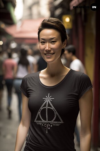Brands In Black Harry Potter Deathly Hallows Women Black T-Shirt (K34259) | £24