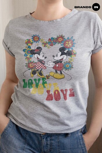 Brands In Grey Mickey Mouse Hippie Love Women Heather Grey Disney T-Shirt (K34260) | £24