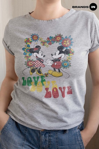 Brands In Grey Mickey Mouse Hippie Love Women Heather Grey Disney T-Shirt (K34260) | £24