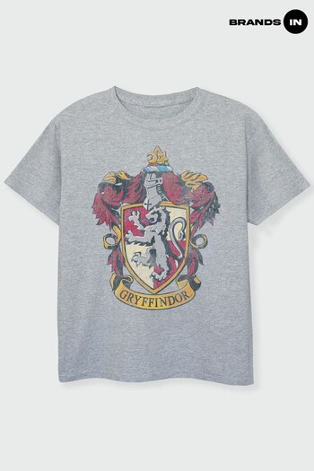 Brands In Grey Harry Potter Distressed Gryffindor Crest Boys Heather Grey T-Shirt (K34265) | £18