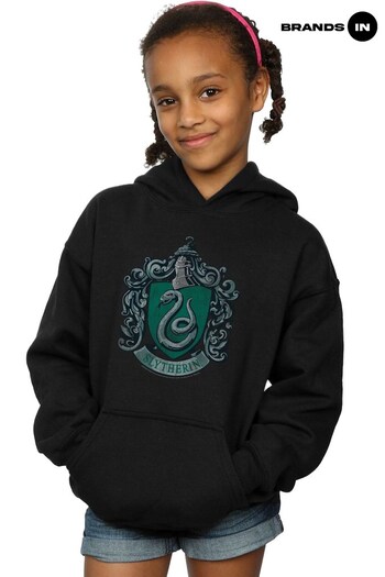 Brands In Black Harry Potter Distressed Slytherin Crest Girls Black Hoodie (K34278) | £31
