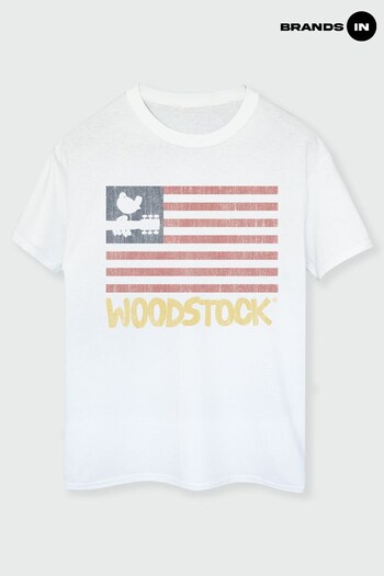 Brands In White Woodstock Flag Women White Boyfriend Fit T-Shirt (K34287) | £24