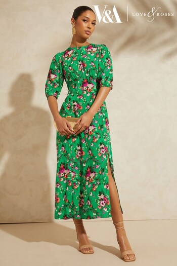 V&A | Mother of the Bride Green Floral Petite Printed Empire Puff Sleeve Split Midi Dress (K34465) | £55