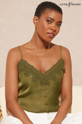 Love & Roses Khaki Green Lace Trim V Neck Cami Vest Top (K34500) | £12.50
