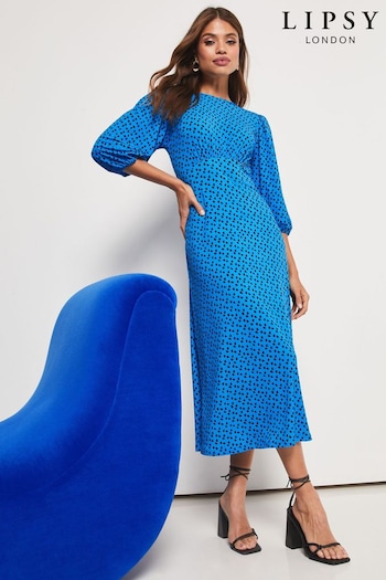 Lipsy Cyan Polka Dot Jersey Puff Short Sleeve Underbust Summer Midi Dress (K34573) | £29