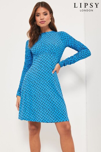 Lipsy Cyan Spot Jersey Long Sleeve Underbust Mini Dress (K34574) | £38