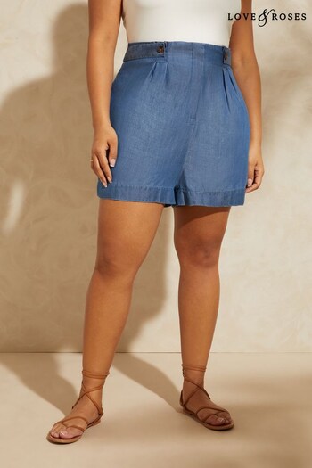 Love & Roses Blue Tencel Curve Button Tab Summer Shorts (K34579) | £29