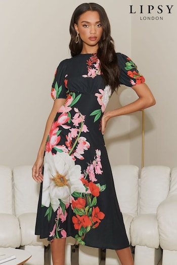 Lipsy Black Floral Woven Underbust Puff Sleeve Summer Midi Dress (K34590) | £52