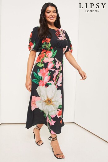 Lipsy Black Floral Curve Woven Underbust Puff Sleeve Summer Midi Dress (K34596) | £52