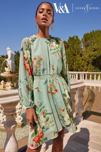 V&A | Love & Roses Sage Green Floral Printed Frill Skater Dress (K34629) | £56