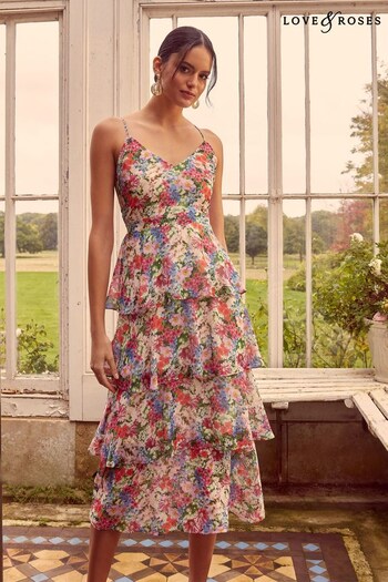 Love & Roses Pink Floral Print Tiered Cami Midi Dress (K34630) | £64