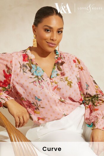 V&A | Love & Roses Pink Floral Curve Printed Ruffle Frill Neck Metallic Long Sleeve Blouse (K34655) | £38