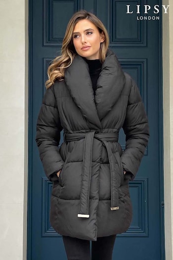 Lipsy Black Collar Belted Wrap Padded Coat (K34769) | £85