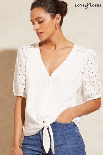Love & Roses White Broderie Sleeve V Neck Tie Front T Shirt (K34798) | £28