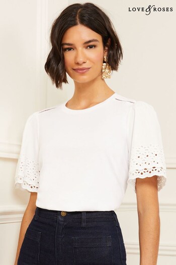 Love & Roses White Broderie Trim Tiered Sleeve T-Shirt (K34799) | £28