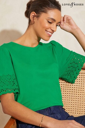 long sleeve t shirt ganni t shirt Green Broderie Trim Tiered Sleeve T-Shirt (K34800) | £28