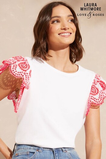 Love & Roses White Broderie Ruffle Sleeve T-Shirt (K34802) | £26