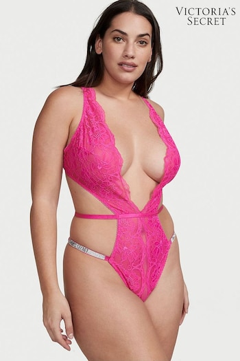Victoria's Secret Fuschia Frenzy Pink Shine Strap Lace Crotchless Bodysuit (K34851) | £69