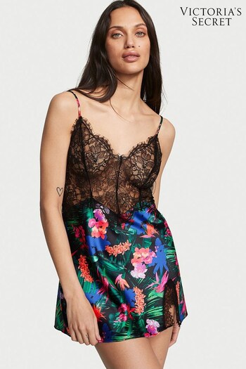 Victoria's Secret Moonlit Tropic Black Satin Lace Slip Dress (K34855) | £59