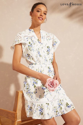 Love & Roses White Floral Broderie Lace Ruffle Frill V Neck Tie Front Short Sleeve Trim Summer Skater Dress (K35064) | £50